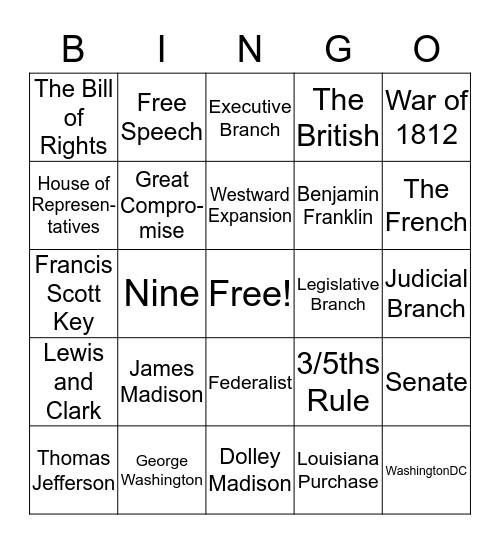 U.S. History Bingo Card