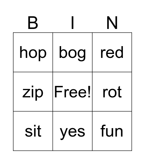 Rhyming 9 Square Bingo Card