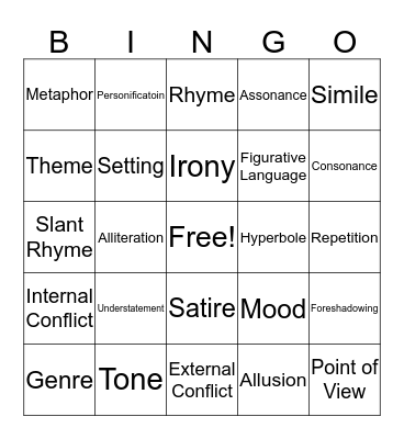 Poetic Devices Bingo Card