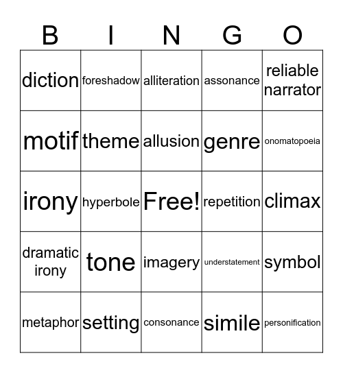 english bingo Card