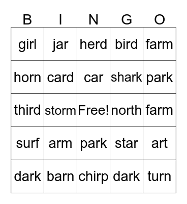 R-Controlled Vowels Bingo Card