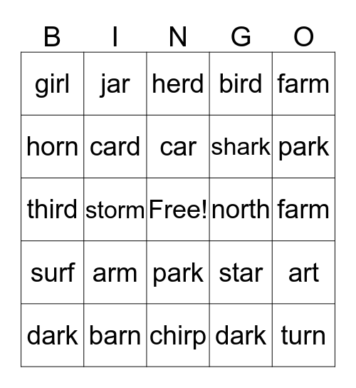 R-Controlled Vowels Bingo Card