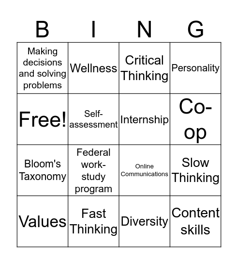 College Thinking  Bingo Card