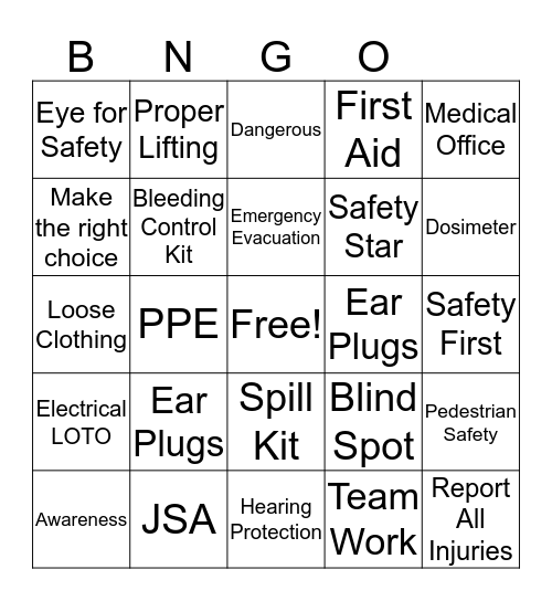 Safety Buck Bingo Card