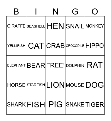 ANIMALS Bingo Card