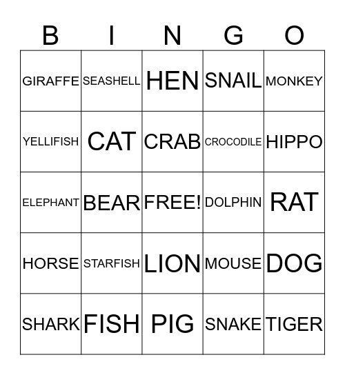 ANIMALS Bingo Card