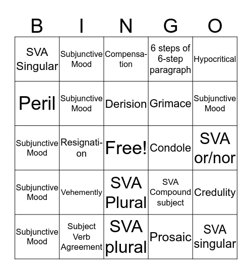 Spelling and Vocabulary 9 Bingo Card