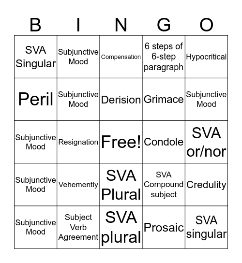 Spelling and Vocabulary 9 Bingo Card