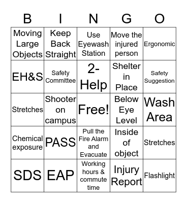Safety Bingo Card