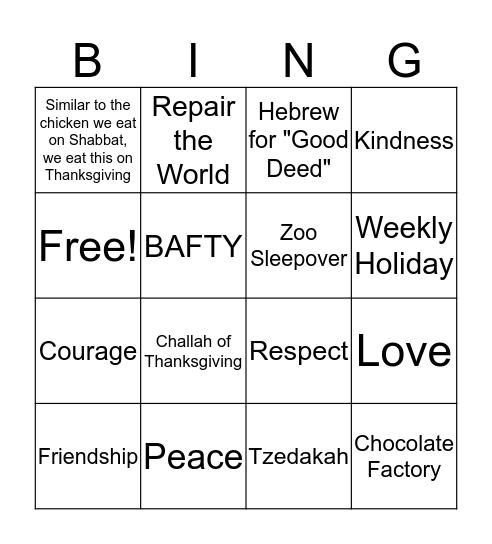 Jewish Values Bingo Card