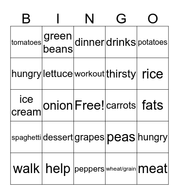 Dinner Bingo Card