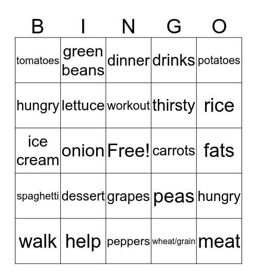 Dinner Bingo Card