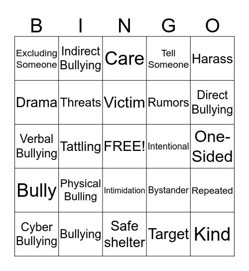 Anti-Bullying Bingo Card