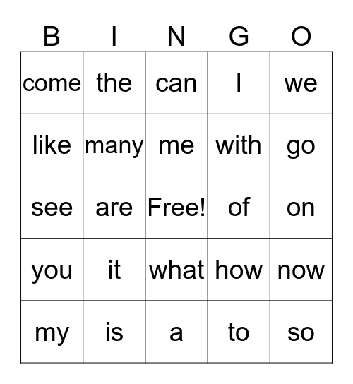 Sight word Bingo Card