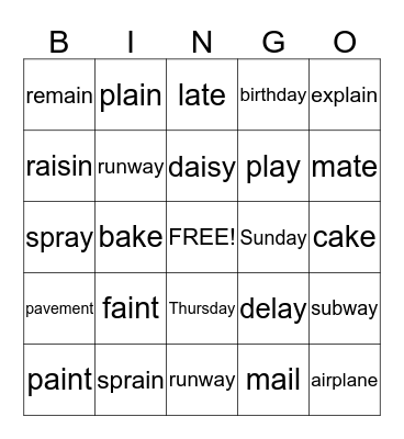ai, ay, a_e bingo Card