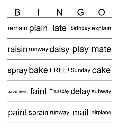 ai, ay, a_e bingo Card