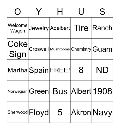 Oyhus Family Reunion Bingo Card