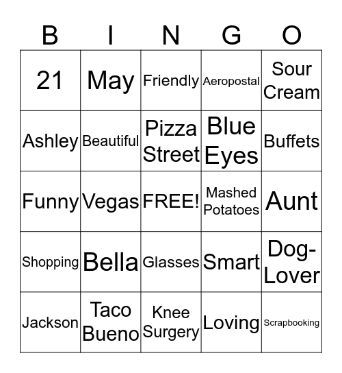 "All About Ashley" Bingo Card