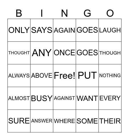 SIGHT WORD BINGO Card