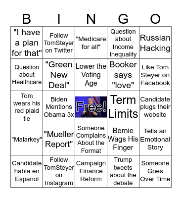 Democratic Debate Bingo Card