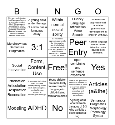 Speech Language Impairment Bingo Card