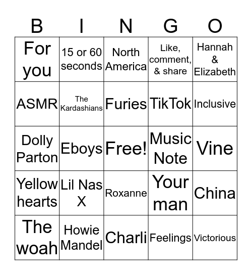 PHC presents Tik Tok Bingo Card