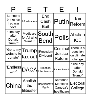 Democratic Debate Bingo Card
