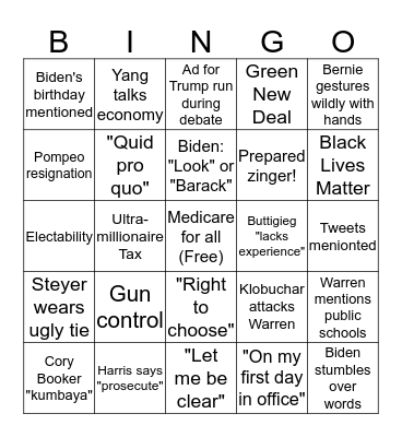 Democratic Debate 11-20-19 Bingo Card