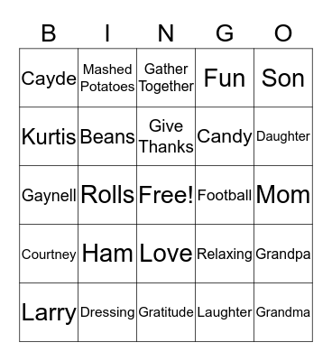 Reed Thanksgiving Bingo  Bingo Card