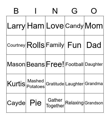 Reed Thanksgiving Bingo  Bingo Card