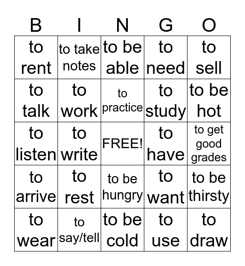 Más infinitivos Bingo Card