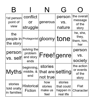 Elements of Fiction Stories Bingo Card