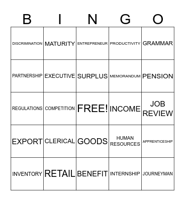 WORKPLACE AND CAREERS  Bingo Card