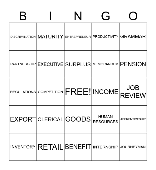 WORKPLACE AND CAREERS  Bingo Card