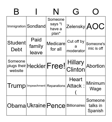 Dem Debate 11/20 Bingo Card