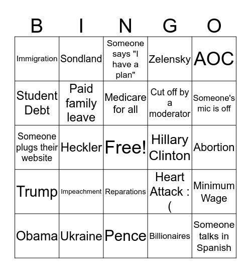 Dem Debate 11/20 Bingo Card