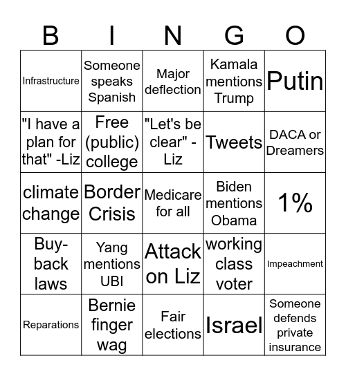 Dem Debate Bingo Card