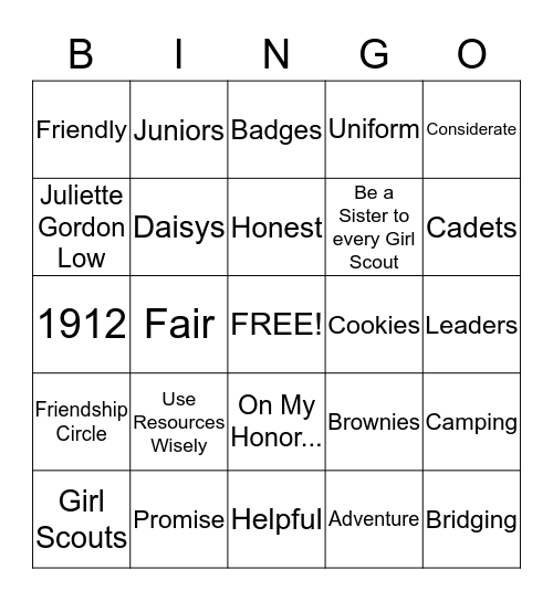 Girl Scouts Bingo Card