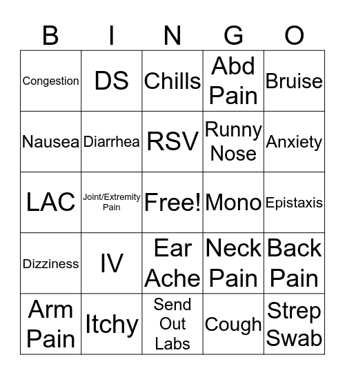 Owasso Urgent Care Bingo Card