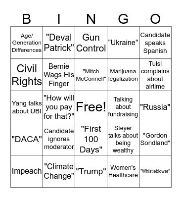 Democratic Debate Bingo Card