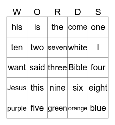 Service Words Bingo Card