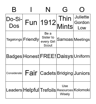 Girl Scouts Bingo Card