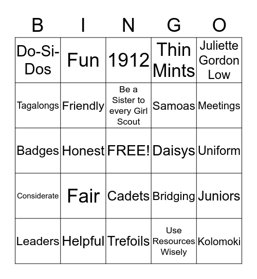 Girl Scouts Bingo Card