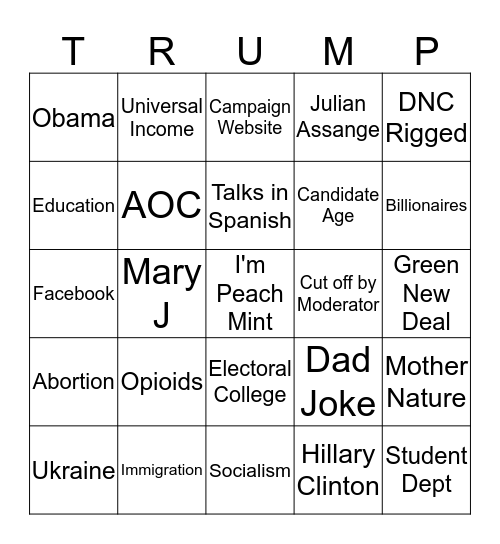 Democratic Debate Bingo Card