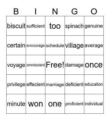 Vocab Bingo Card