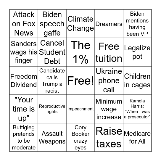 Democratic Presidential Debate Bingo Card