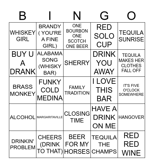 DRINKING SONGS Bingo Card