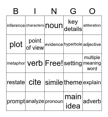 ELA Vocabulary Bingo Card