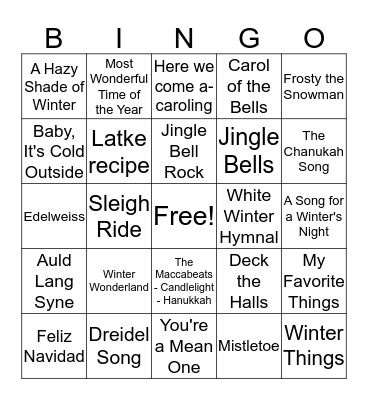 Holiday Songs Bingo Card