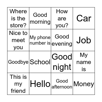 English Class Bingo Card
